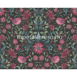   AS Creation Maison Charme vlies, vinyl anyagú fekete, kék, zöld, rózsaszín színű madaras, virágos, textilhatású romantikus tapéta