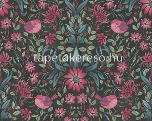 AS Creation Maison Charme vlies, vinyl anyagú fekete, kék, zöld, rózsaszín színű madaras, virágos, textilhatású romantikus tapéta