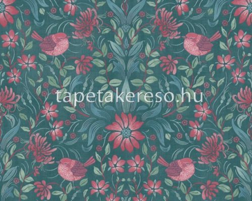AS Creation Maison Charme vlies, vinyl anyagú zöld, rózsaszín, bordó színű madaras, virágos, textilhatású romantikus tapéta