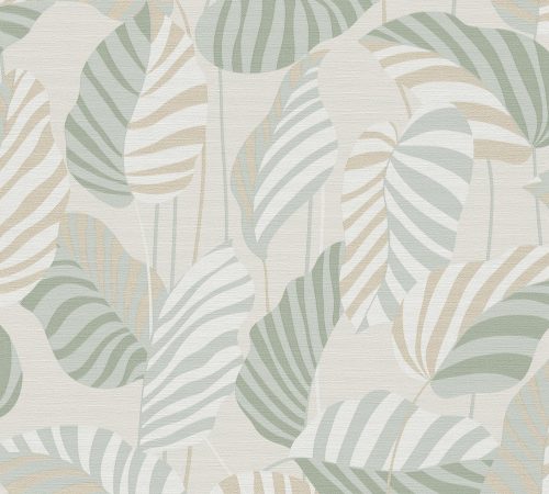 AS Creation Antigua vlies, vinyl anyagú fehér, zöld, beige színű leveles, textilhatású modern, natural tapéta