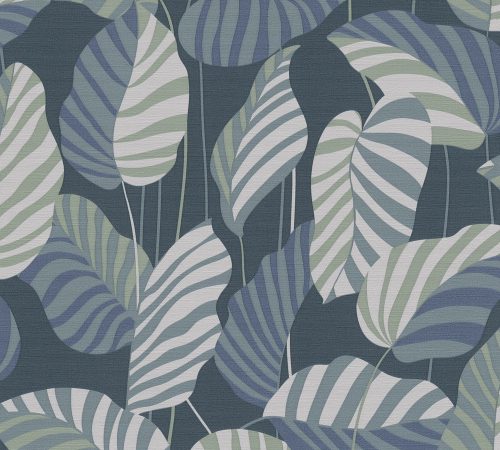 AS Creation Antigua vlies, vinyl anyagú kék, zöld, beige színű leveles, textilhatású modern, natural tapéta