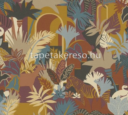 AS Creation Antigua vlies, vinyl anyagú barna, bordó, sárga, kék, fekete színű állatos, növényes, textilhatású modern, natural tapéta