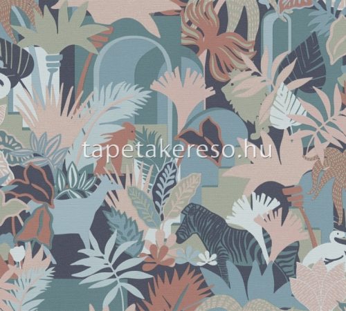 AS Creation Antigua vlies, vinyl anyagú fekete, mályva, kék, zöld, fehér színű állatos, növényes, textilhatású modern, natural tapéta