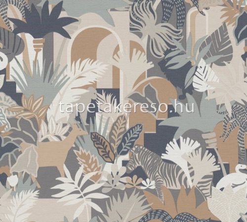 AS Creation Antigua vlies, vinyl anyagú barna, zöld, szürke, beige színű állatos, növényes, textilhatású modern, natural tapéta