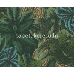   AS Creation Metropolitan Stories Travel Styles vinyl, vlies anyagú zöld, sárga, türkiz, fekete színű leveles modern tapéta
