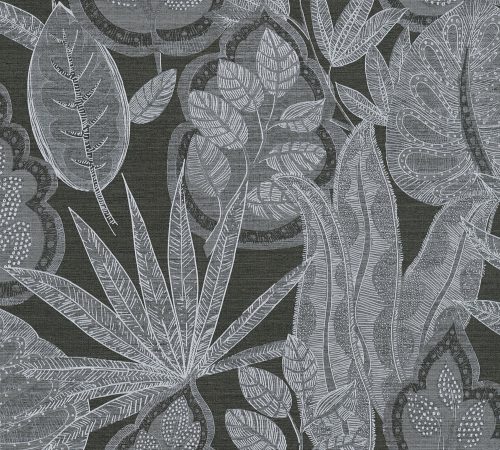 AS Creation Famous Garden vlies, vinyl anyagú fekete, szürke, fehér színű leveles modern, natural tapéta