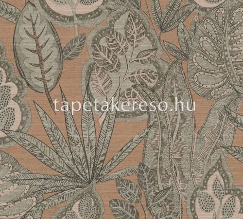AS Creation Famous Garden vlies, vinyl anyagú szürke, barna, rózsaszín színű leveles modern, natural tapéta