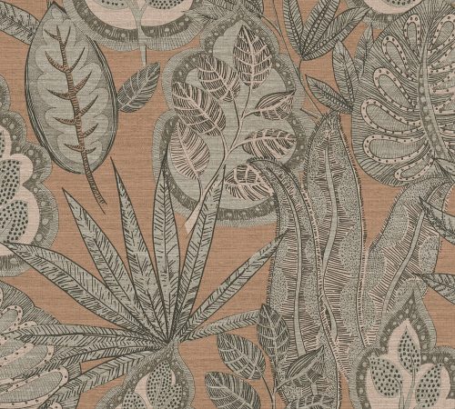 AS Creation Famous Garden vlies, vinyl anyagú szürke, barna, rózsaszín színű leveles modern, natural tapéta