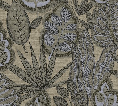 AS Creation Famous Garden vlies, vinyl anyagú fekete, szürke, barna színű leveles modern, natural tapéta