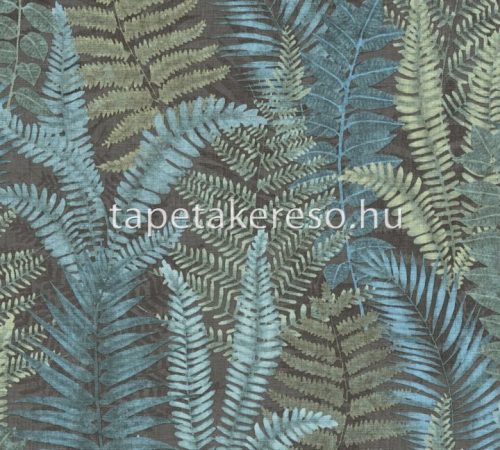AS Creation Famous Garden vlies, vinyl anyagú fekete, zöld, türkiz színű leveles modern, natural tapéta
