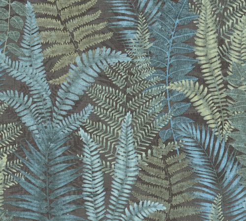 AS Creation Famous Garden vlies, vinyl anyagú fekete, zöld, türkiz színű leveles modern, natural tapéta