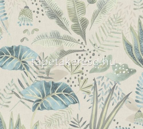 AS Creation Famous Garden vlies, vinyl anyagú beige, zöld, türkiz színű leveles modern, natural tapéta