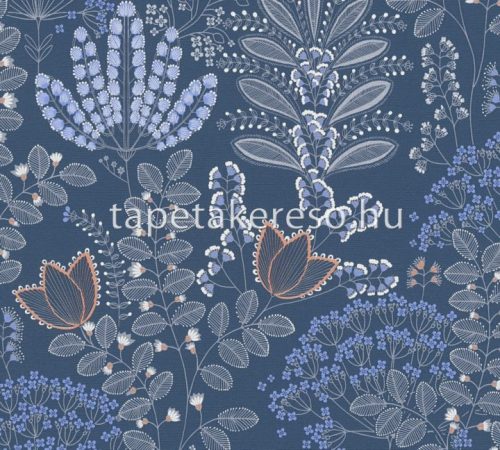 AS Creation Famous Garden vlies, vinyl anyagú kék, szürke, fehér, sárga színű virágos, leveles modern, natural tapéta