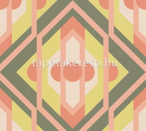 AS Creation Retro Chic vlies, vinyl anyagú zöld, narancssárga, fehér, barack színű geometriai retro tapéta