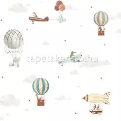   ICH Pippo papír anyagú fehér, barna, zöld színű légballonos, lufis, állatos, felhős gyerek tapéta