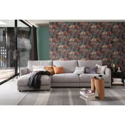  Rasch Schöner Wohnen Cosy Living vinyl, vlies anyagú piros, sárga, türkiz, fekete, mályva színű leveles Modern tapéta
