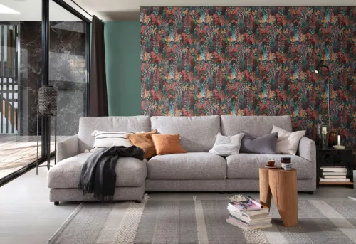 Rasch Schöner Wohnen Cosy Living vinyl, vlies anyagú piros, sárga, türkiz, fekete, mályva színű leveles Modern tapéta