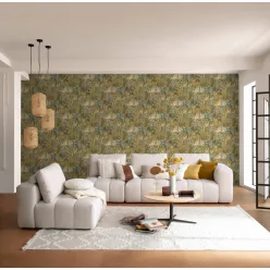   Rasch Schöner Wohnen Cosy Living vinyl, vlies anyagú zöld, barna, mustársárga színű leveles Modern tapéta