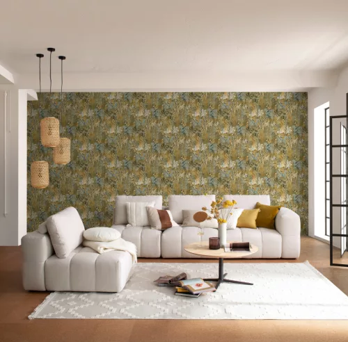 Rasch Schöner Wohnen Cosy Living vinyl, vlies anyagú zöld, barna, mustársárga színű leveles Modern tapéta