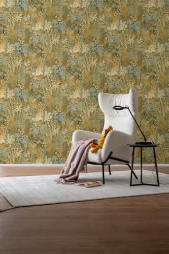 Rasch Schöner Wohnen Cosy Living vinyl, vlies anyagú zöld, barna, mustársárga színű leveles Modern tapéta
