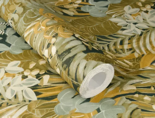 Rasch Schöner Wohnen Cosy Living vinyl, vlies anyagú zöld, barna, mustársárga színű leveles Modern tapéta