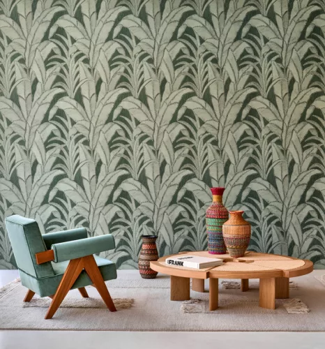 Arte Manila papír, vinyl anyagú zöld, türkiz színű leveles, textilhatású natural tapéta