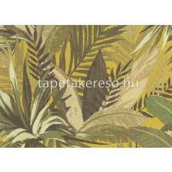   Jannelli & Volpi 181 Lemuria papír, vinyl anyagú mustársárga, zöld, barna színű leveles, szövethatású modern, natural tapéta