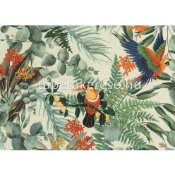   Jannelli & Volpi 181 Lemuria papír, vinyl anyagú beige, zöld, narancssárga, piros, türkiz színű madaras, leveles, textilhatású modern, natural tapéta