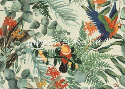 Jannelli & Volpi 181 Lemuria papír, vinyl anyagú beige, zöld, narancssárga, piros, türkiz színű madaras, leveles, textilhatású modern, natural tapéta
