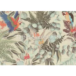   Jannelli & Volpi 181 Lemuria papír, vinyl anyagú beige, kék, narancssárga, zöld, türkiz színű madaras, leveles, textilhatású modern, natural tapéta