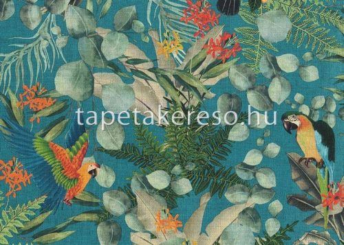 Jannelli & Volpi 181 Lemuria papír, vinyl anyagú zöld, kék, narancssárga, beige színű madaras, leveles, textilhatású modern, natural tapéta