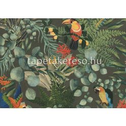  Jannelli & Volpi 181 Lemuria papír, vinyl anyagú barna, zöld, narancssárga, kék színű madaras, leveles, textilhatású modern, natural tapéta