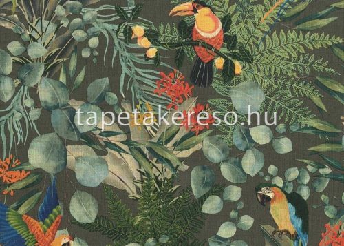 Jannelli & Volpi 181 Lemuria papír, vinyl anyagú barna, zöld, narancssárga, kék színű madaras, leveles, textilhatású modern, natural tapéta