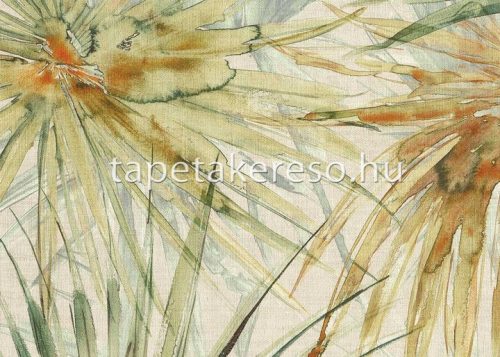 Jannelli & Volpi 181 Lemuria papír, vinyl anyagú beige, zöld, narancssárga színű leveles, szövethatású modern, natural tapéta