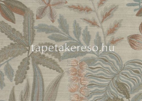 Jannelli & Volpi 602 Jaipur vlies, vinyl anyagú szürke, barna, türkiz színű leveles, virágos, textilhatású klasszikus tapéta