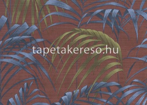 Jannelli & Volpi 602 Jaipur vlies, vinyl anyagú kék, bordó, zöld színű leveles, textilhatású klasszikus tapéta