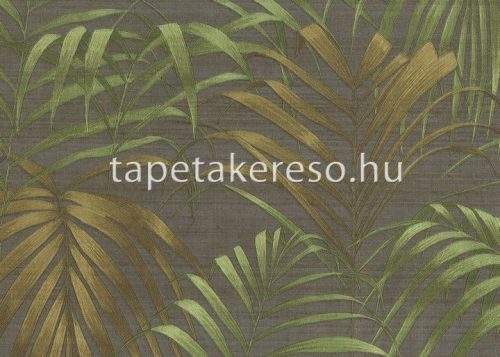 Jannelli & Volpi 602 Jaipur vlies, vinyl anyagú szürke, zöld, arany színű leveles, textilhatású klasszikus tapéta