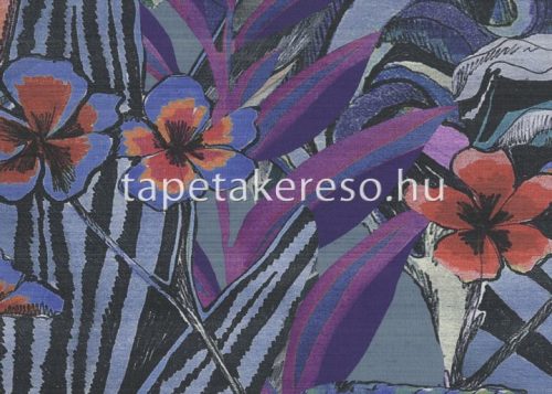 Jannelli & Volpi 602 Jaipur vlies, vinyl anyagú kék, piros, zöld, lila, fekete, narancssárga, törtfehér színű fás, virágos, növényes, textilhatású klasszikus poszter