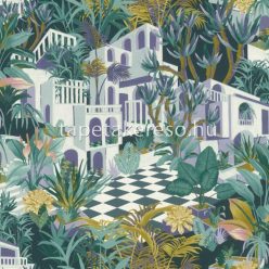   Rasch Tropical House vlies, vinyl anyagú lila, fehér, zöld, mályva, türkiz színű épület, fás, növényes, textilhatású modern tapéta