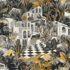   Rasch Tropical House vlies, vinyl anyagú fekete, sárga, fehér, szürke színű épület, fás, növényes, textilhatású modern tapéta