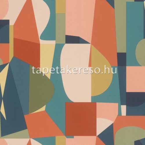 Rasch Tropical House vlies, vinyl anyagú kék, zöld, narancssárga, barack, beige, terrakotta színű geometriai, textilhatású modern tapéta