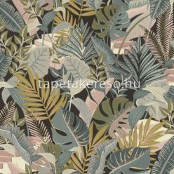   Rasch Tropical House vlies, vinyl anyagú fekete, zöld, beige, mályva színű leveles, textilhatású modern tapéta