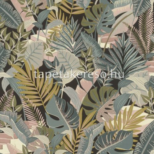 Rasch Tropical House vlies, vinyl anyagú fekete, zöld, beige, mályva színű leveles, textilhatású modern tapéta