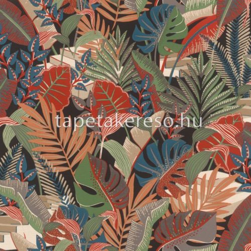 Rasch Tropical House vlies, vinyl anyagú fekete, zöld, kék, szürke, terrakotta, narancssárga színű leveles, textilhatású modern tapéta