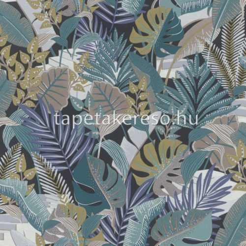 Rasch Tropical House vlies, vinyl anyagú fekete, zöld, kék, szürke, lila, barna színű leveles, textilhatású modern tapéta