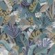 Rasch Tropical House vlies, vinyl anyagú fekete, zöld, kék, szürke, lila, barna színű leveles, textilhatású modern tapéta