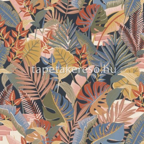 Rasch Tropical House vlies, vinyl anyagú kék, zöld, barack, beige, terrakotta színű leveles, textilhatású modern tapéta