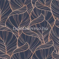   Rasch Rhapsody vlies, vinyl anyagú kék, rosegold színű leveles modern, natural tapéta