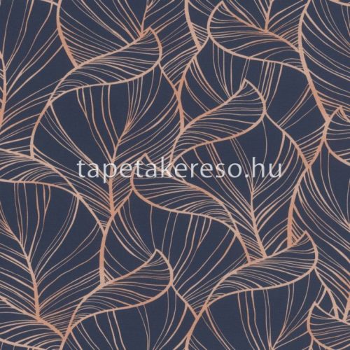 Rasch Rhapsody vlies, vinyl anyagú kék, rosegold színű leveles modern, natural tapéta