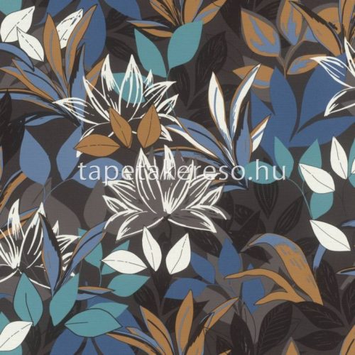 Rasch Rhapsody vlies, vinyl anyagú szürke, kék, fekete, barna, türkiz színű leveles modern, natural tapéta